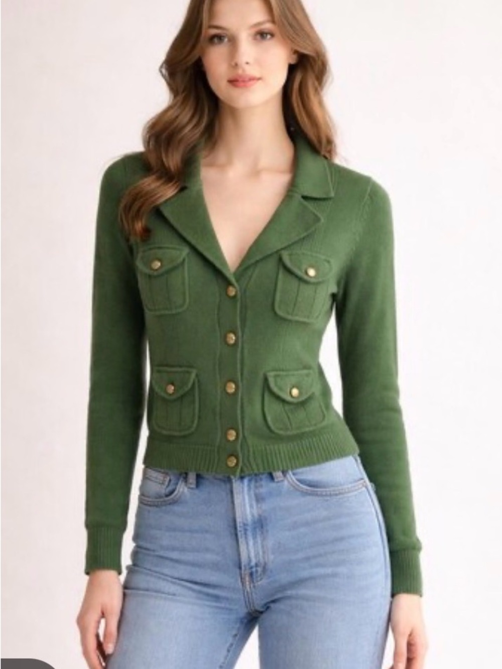 Vintage Y2K Green Button-Front Pocket Cardigan Cotton Large